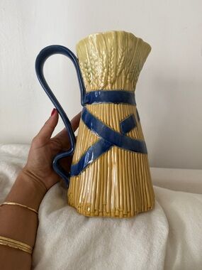 Ceramic Wheat Sheaf Pitcher in Yellow with Blue Handle